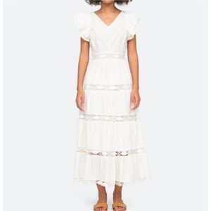 Sea New York White Eyelet and Lace Accent Maxi Dress w/ Ruffle Details Size 4
